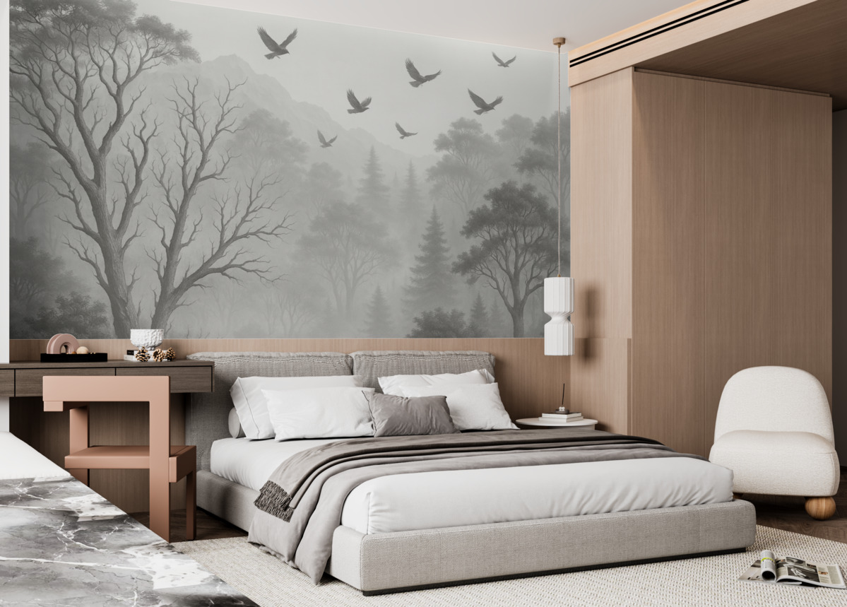 Fototapeta Postacie drzew z ptakami w mgle.