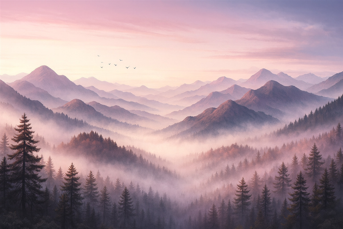 Fototapeta Góry w mgle o poranku przypominają akwarelę.