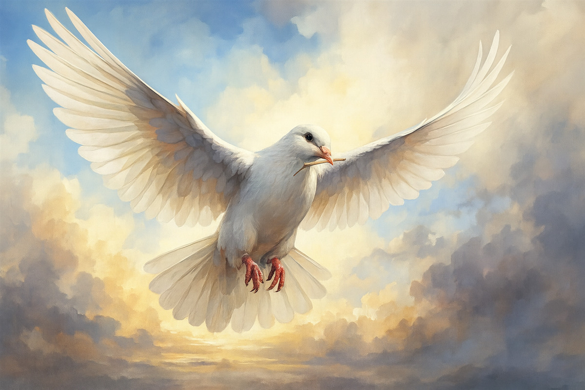 Fototapeta Obraz przedstawiający białą gołębicę na niebie.