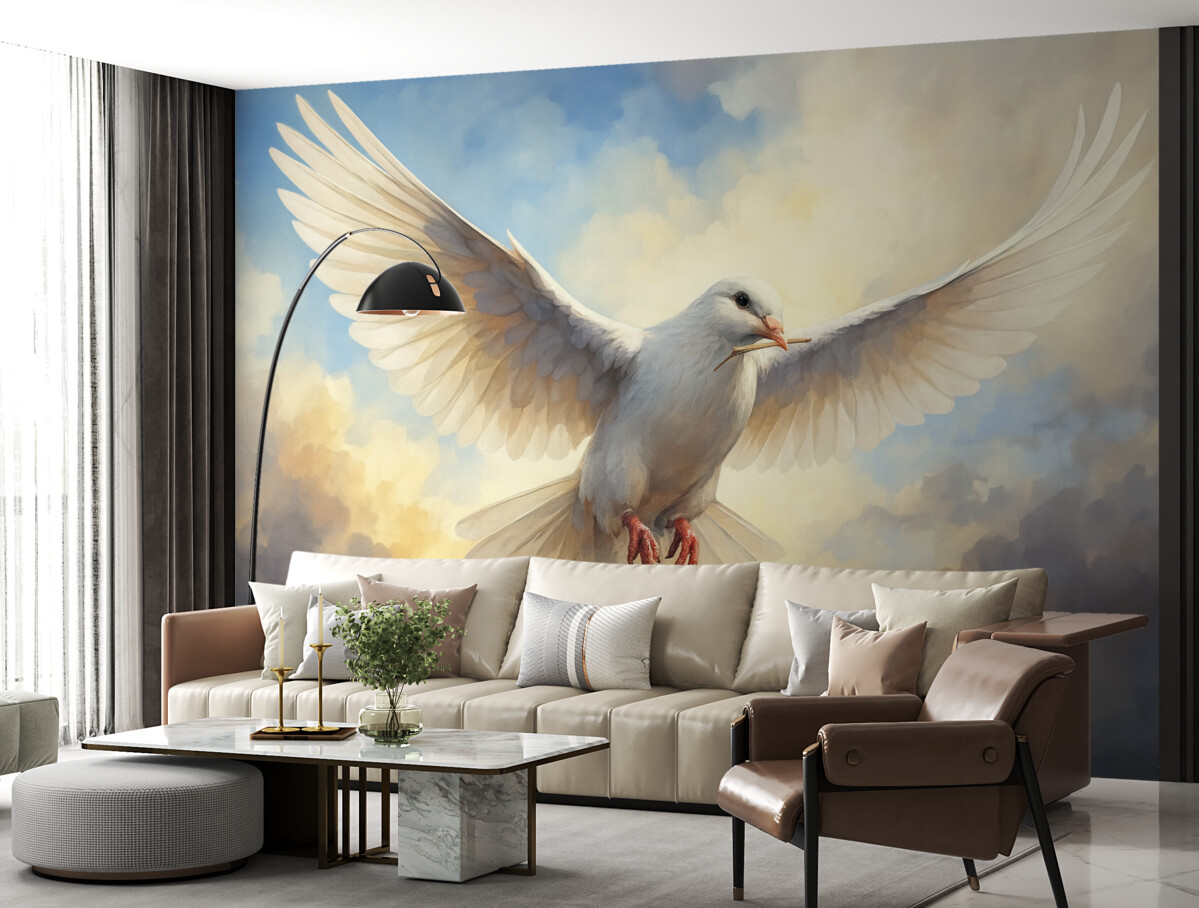 Fototapeta Obraz przedstawiający białą gołębicę na niebie.