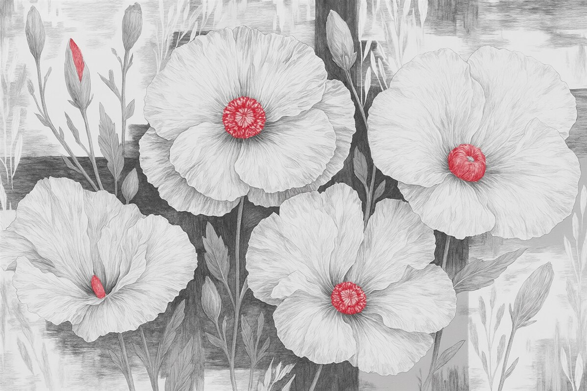 Fototapeta Kwiaty w kolorze czarno-białym z czerwonymi centrum.