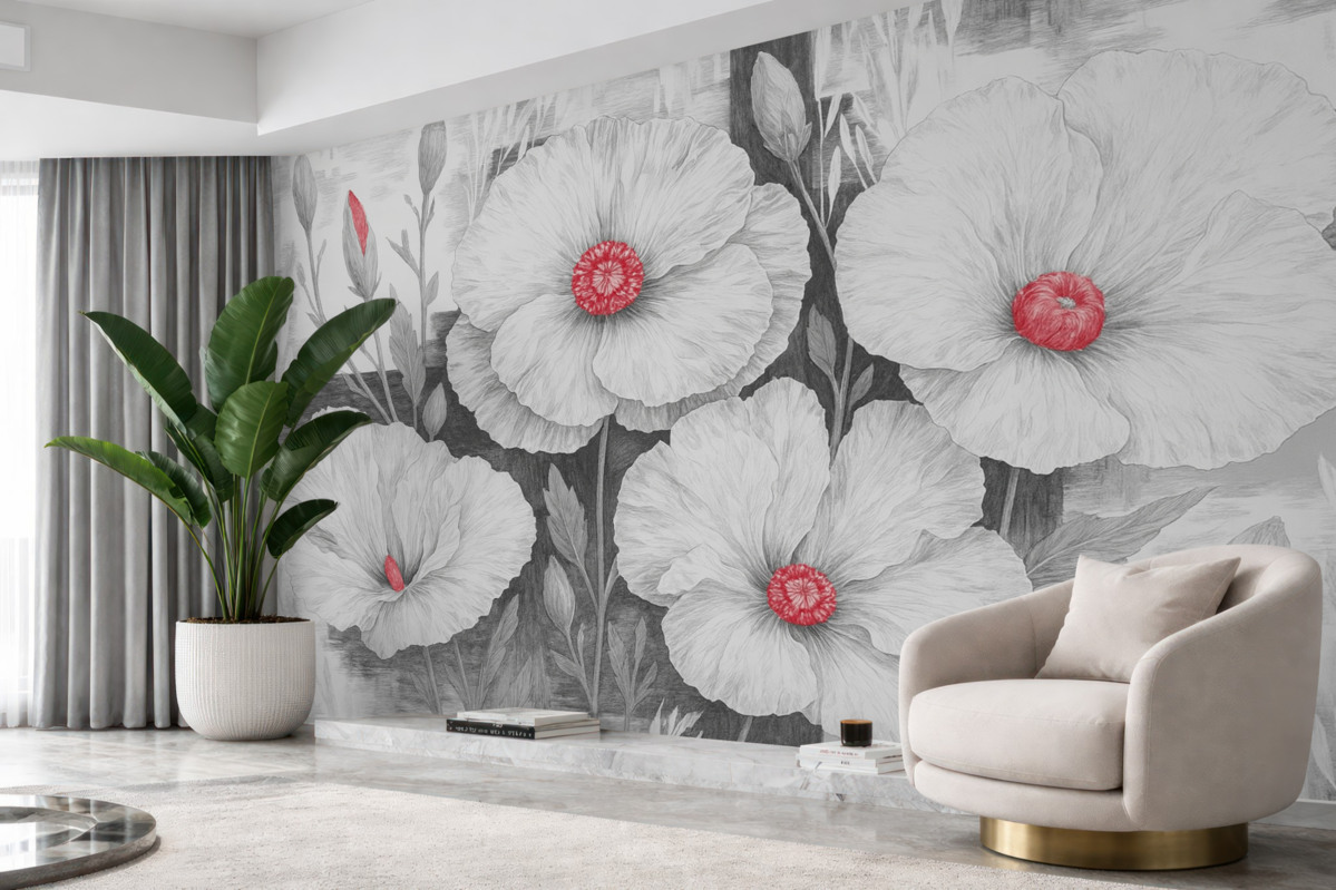 Fototapeta Kwiaty w kolorze czarno-białym z czerwonymi centrum.