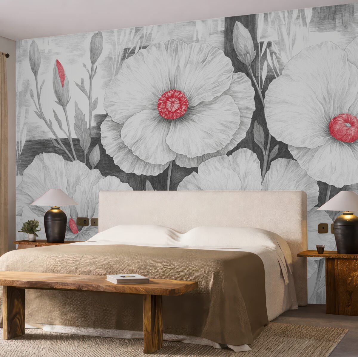 Fototapeta Kwiaty w kolorze czarno-białym z czerwonymi centrum.