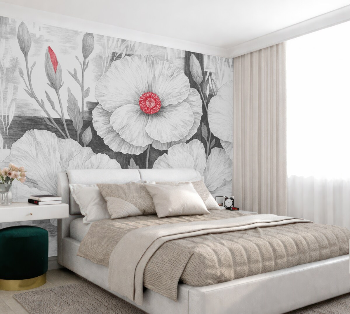 Fototapeta Kwiaty w kolorze czarno-białym z czerwonymi centrum.