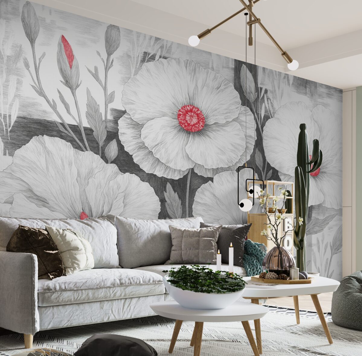 Fototapeta Kwiaty w kolorze czarno-białym z czerwonymi centrum.