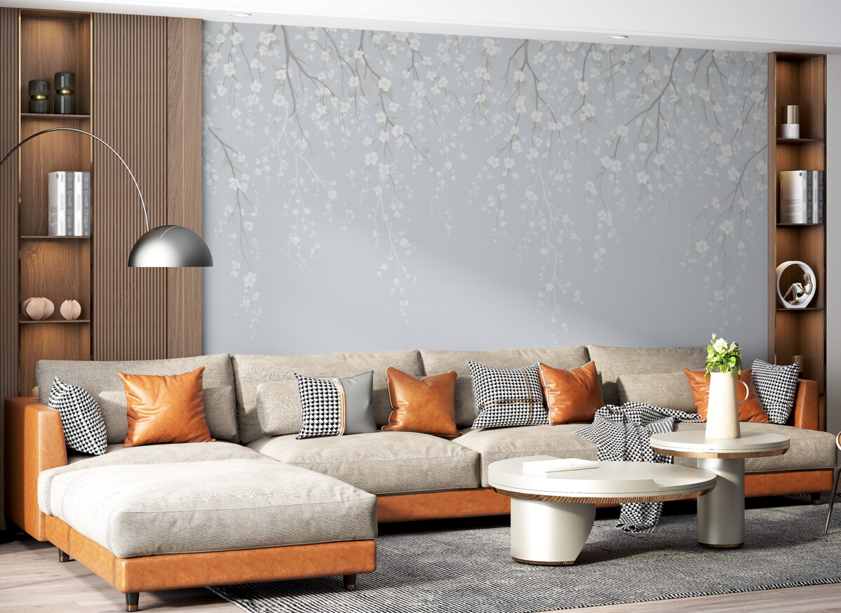 Fototapeta Opadające subtelne gałązki z kwiatami na błękitnym tle.