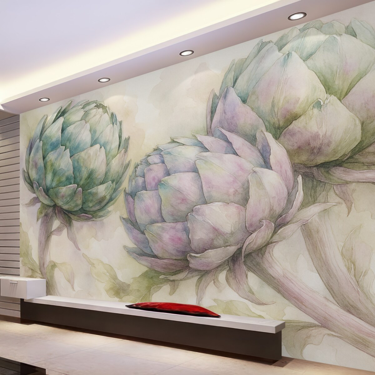 Fototapeta Karczochy w technice akwarelowej, kwiaty, lila i zieleń.