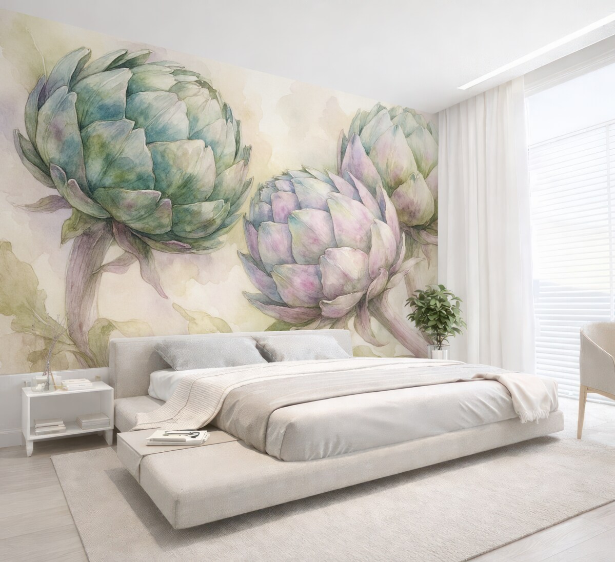 Fototapeta Karczochy w technice akwarelowej, kwiaty, lila i zieleń.