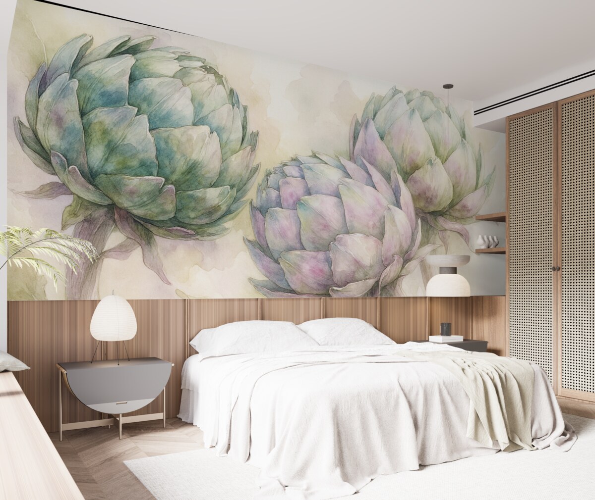 Fototapeta Karczochy w technice akwarelowej, kwiaty, lila i zieleń.