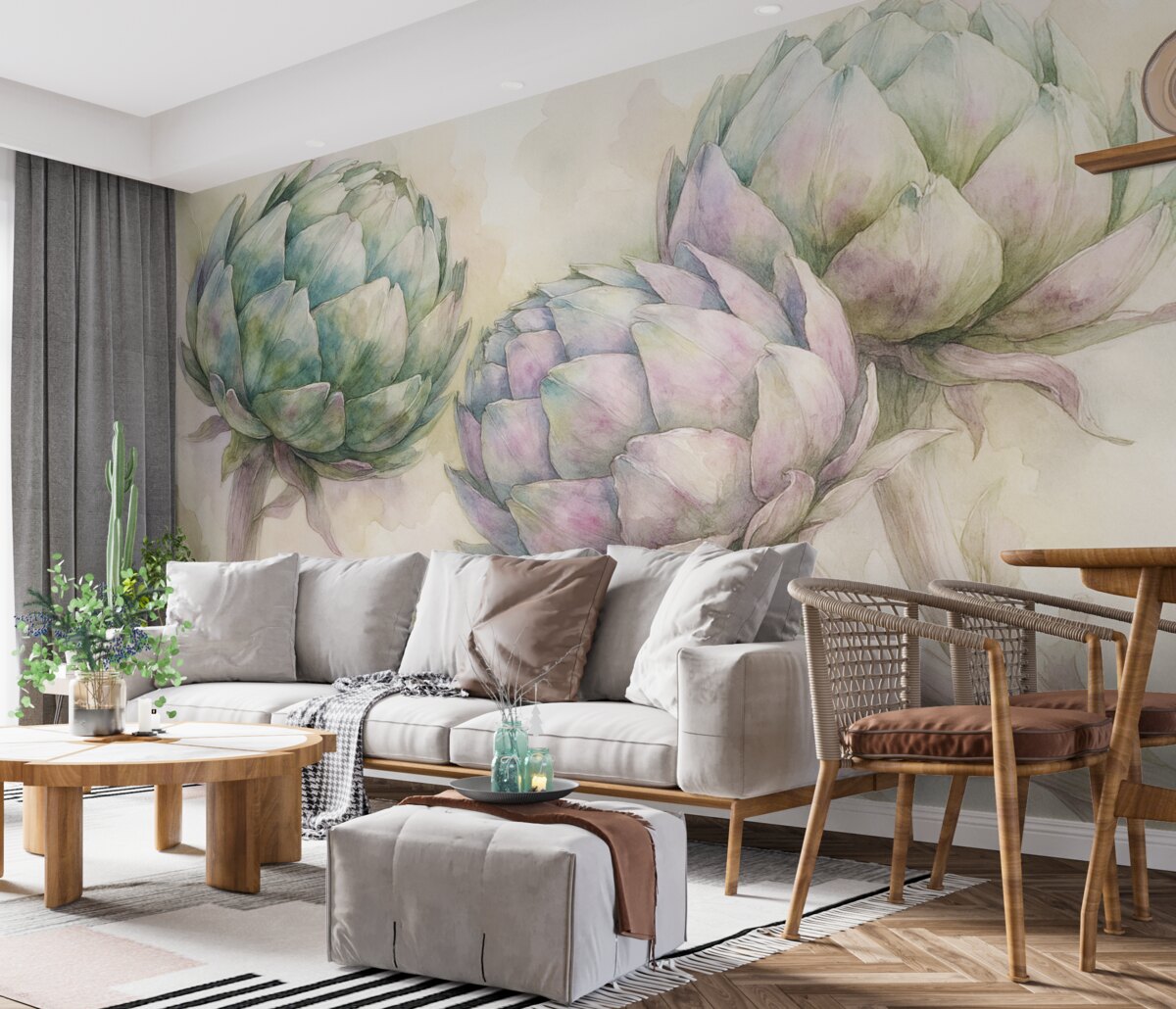 Fototapeta Karczochy w technice akwarelowej, kwiaty, lila i zieleń.