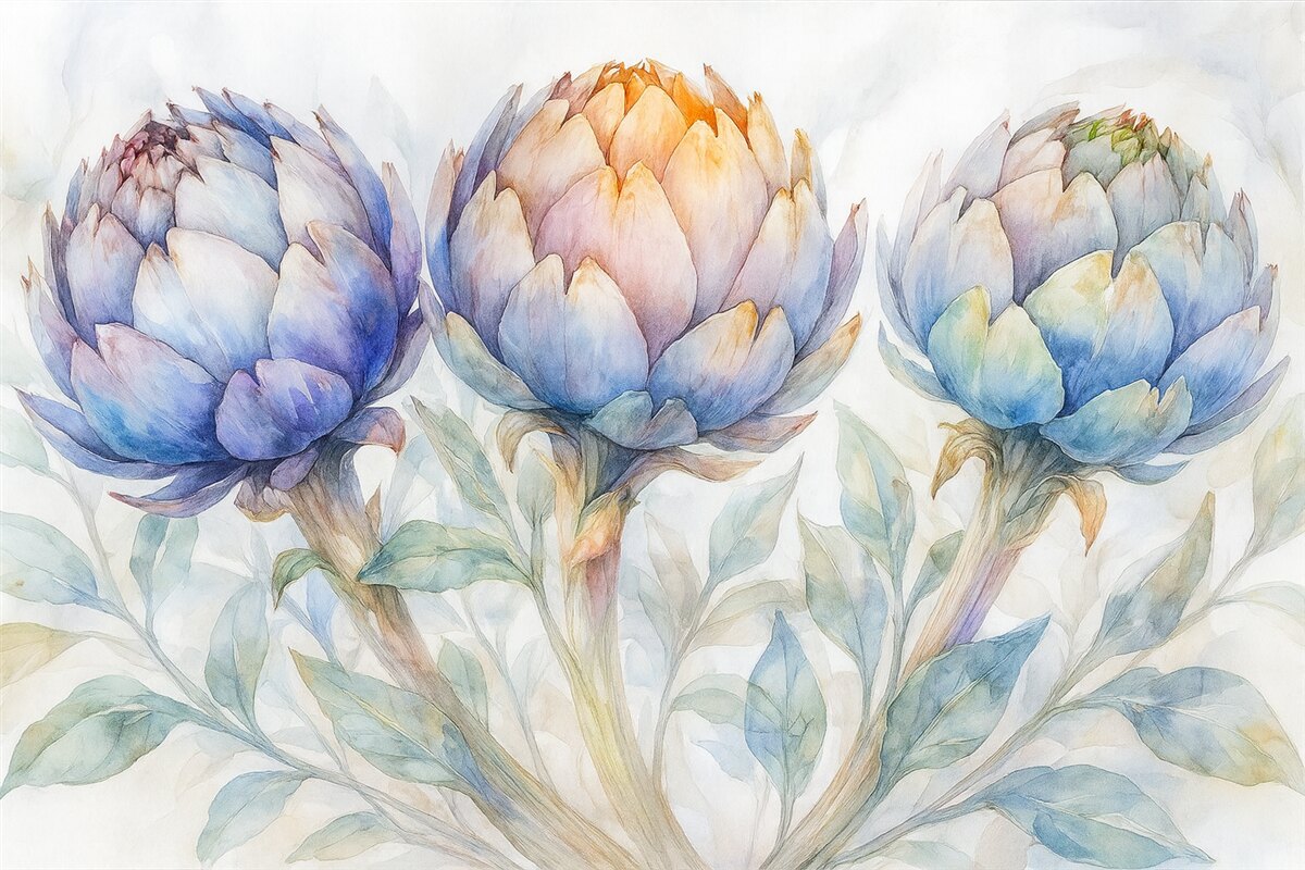 Fototapeta Urokliwy obraz karczochów, w technice akwarelowej, wielobarwny.