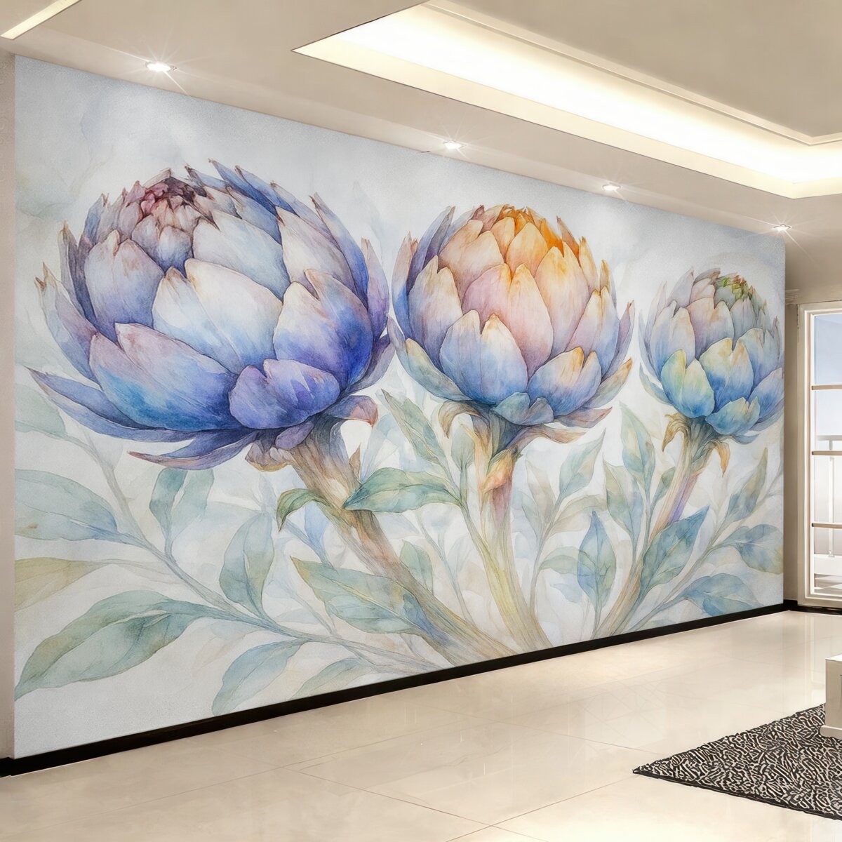 Fototapeta Urokliwy obraz karczochów, w technice akwarelowej, wielobarwny.