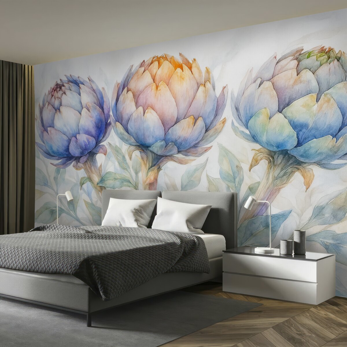 Fototapeta Urokliwy obraz karczochów, w technice akwarelowej, wielobarwny.