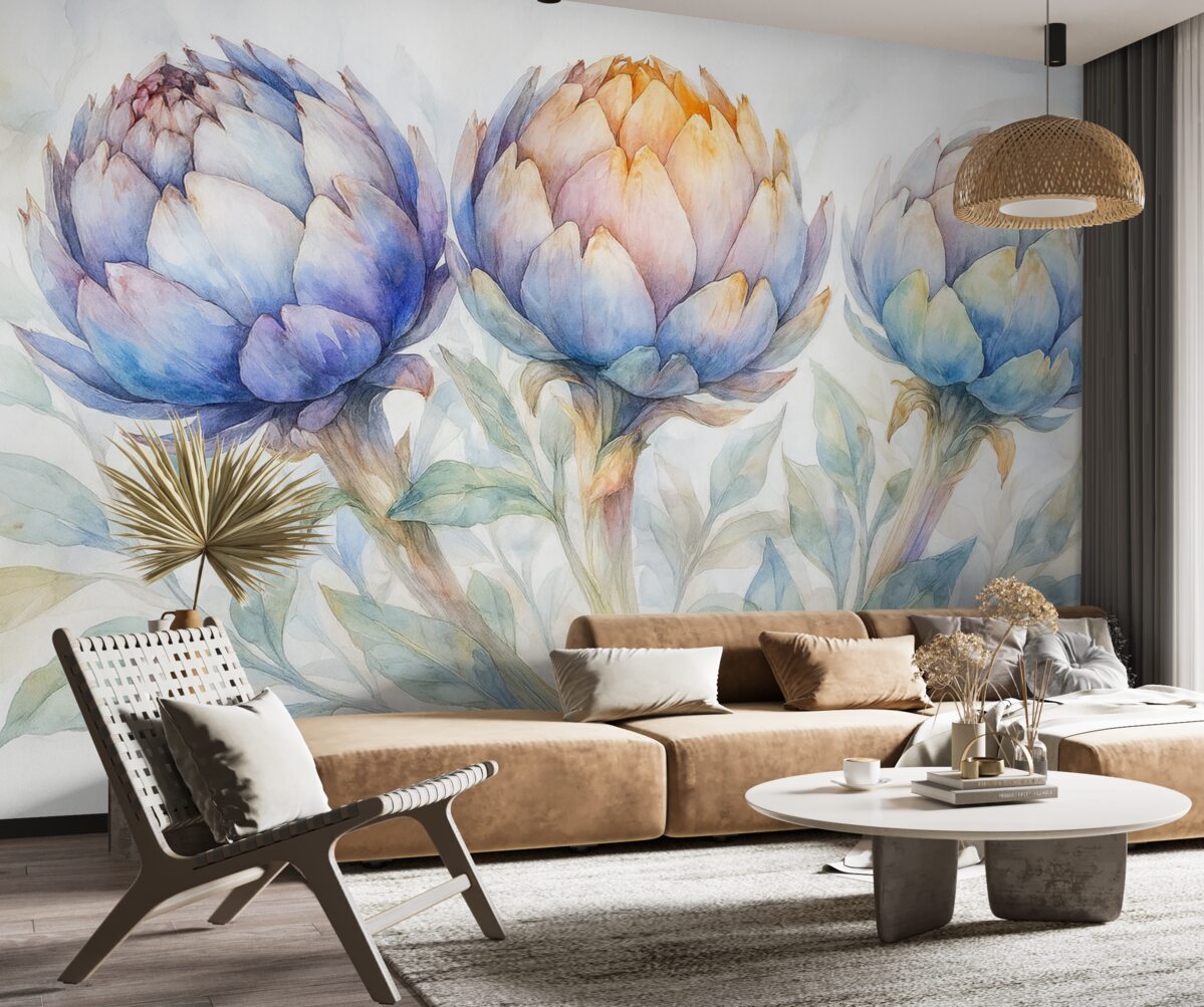 Fototapeta Urokliwy obraz karczochów, w technice akwarelowej, wielobarwny.