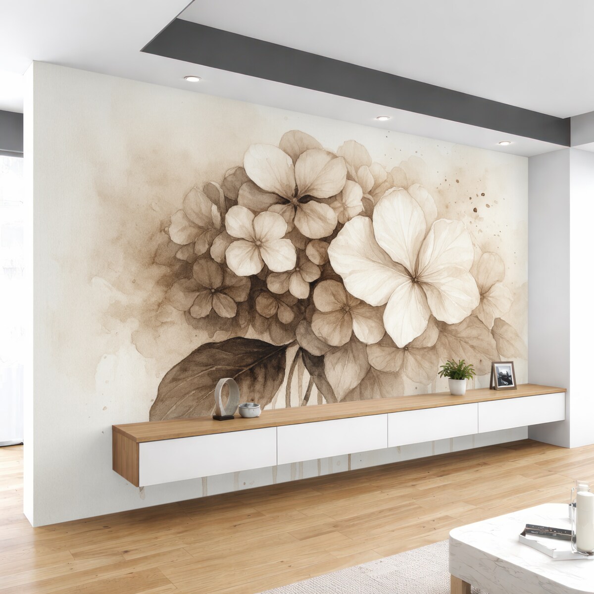 Fototapeta Obraz hortensji, technika akwareli, odcienie beżu.