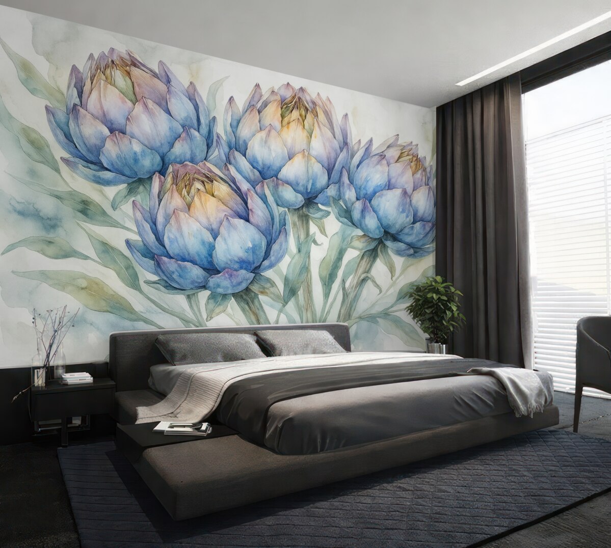 Fototapeta Ilustracja karczochów, technika akwareli, florystyczna, purpurowa, kremowa, zielona.