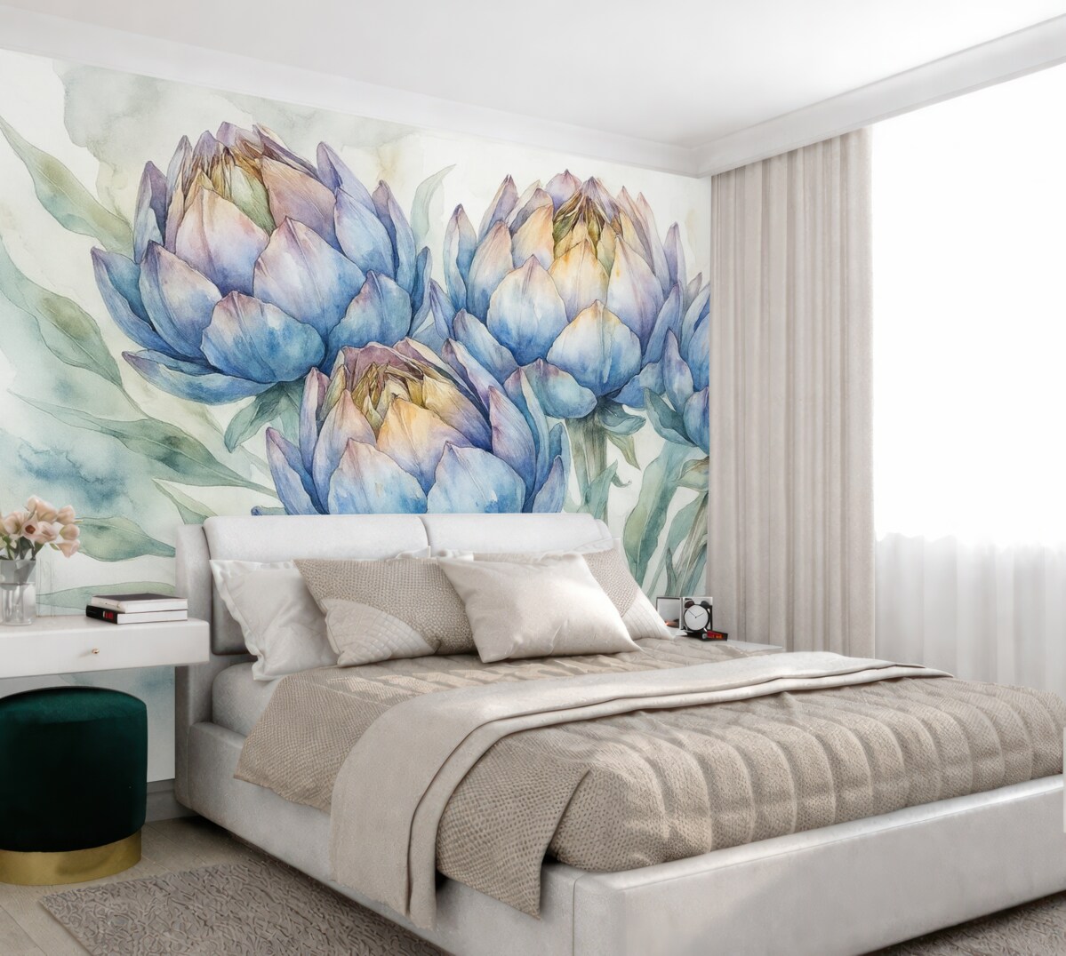 Fototapeta Ilustracja karczochów, technika akwareli, florystyczna, purpurowa, kremowa, zielona.