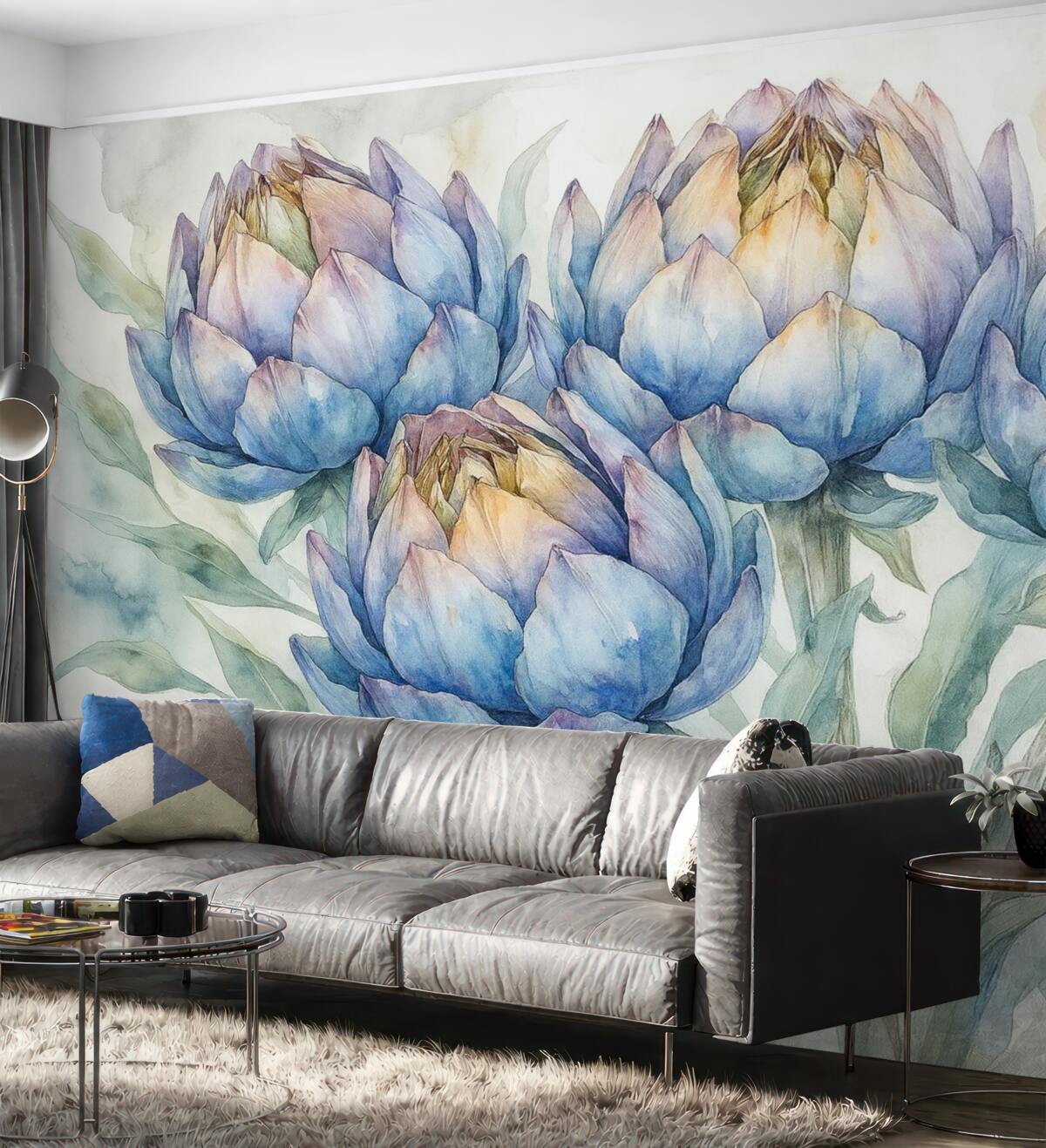 Fototapeta Ilustracja karczochów, technika akwareli, florystyczna, purpurowa, kremowa, zielona.