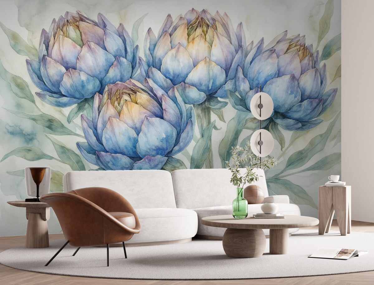 Fototapeta Ilustracja karczochów, technika akwareli, florystyczna, purpurowa, kremowa, zielona.