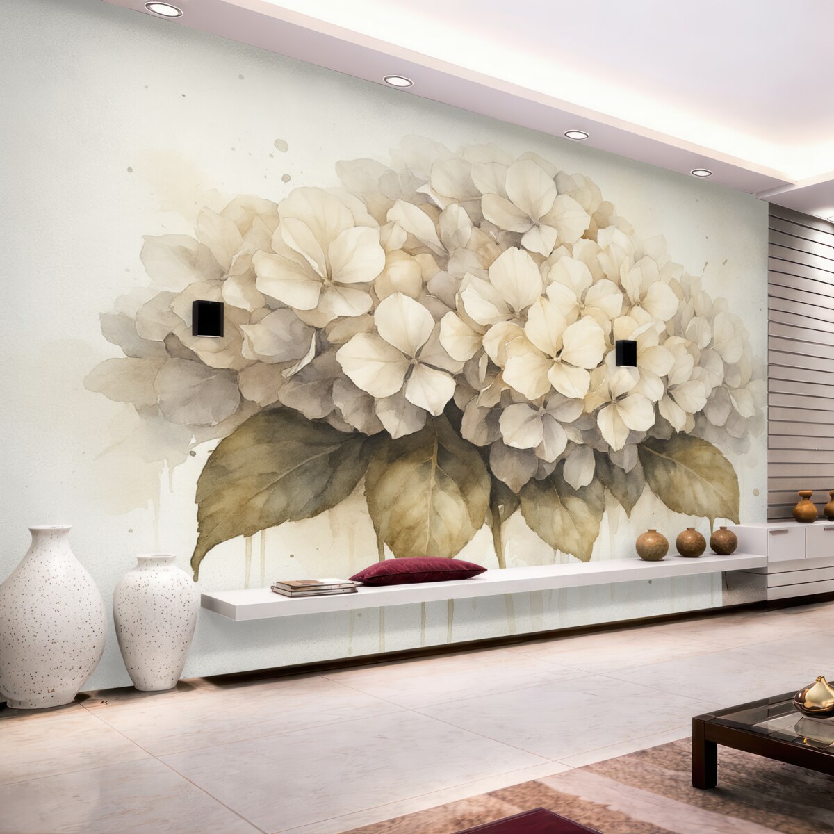 Fototapeta Akwarelowy obrazek kwiatu hortensji, w odcieniach beżu.