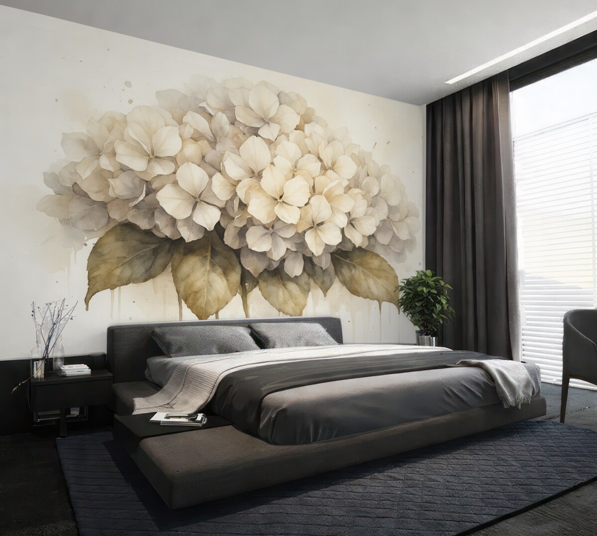 Fototapeta Akwarelowy obrazek kwiatu hortensji, w odcieniach beżu.