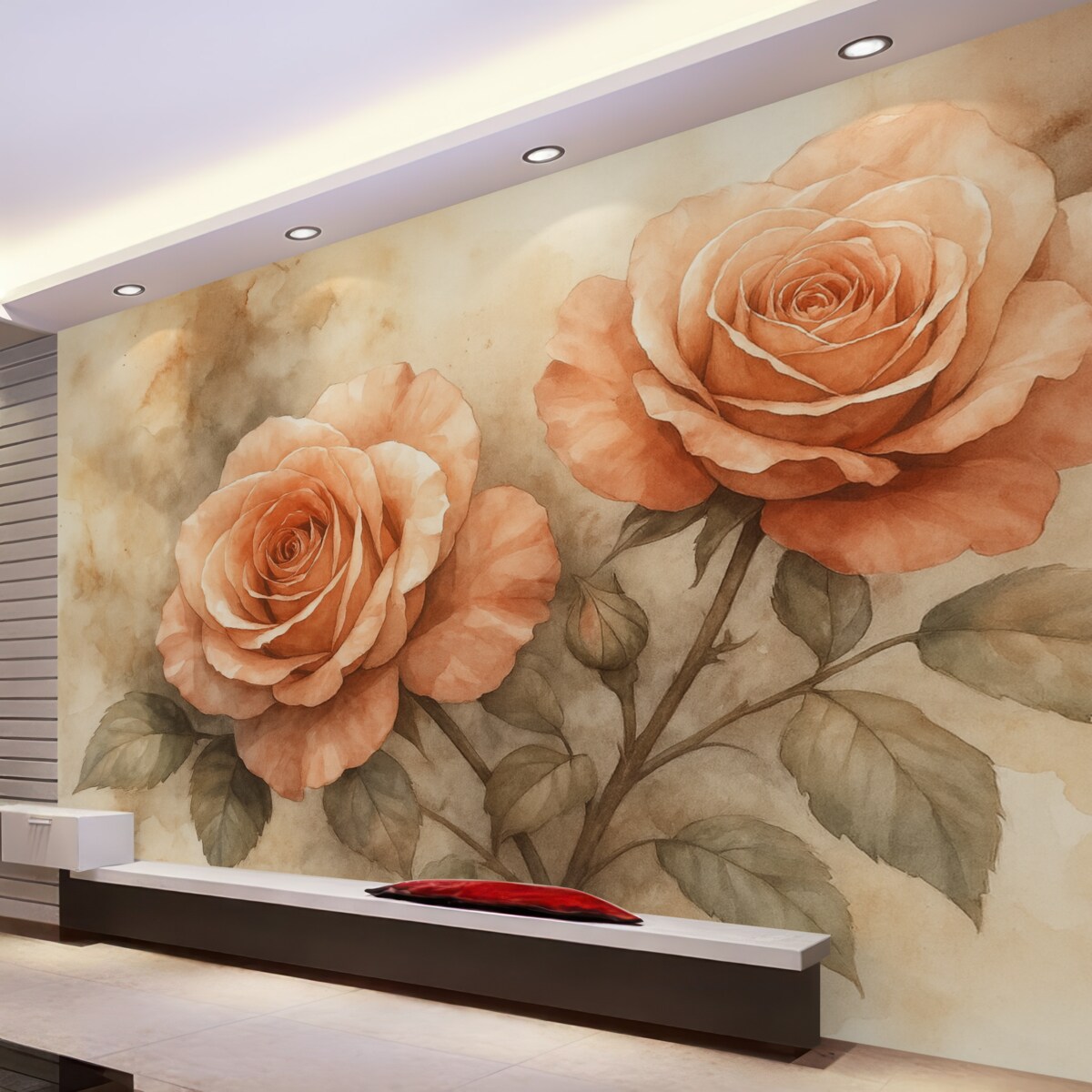 Fototapeta Cudowne czerwone róże w technice akwareli, florystyczne, jasne barwy.