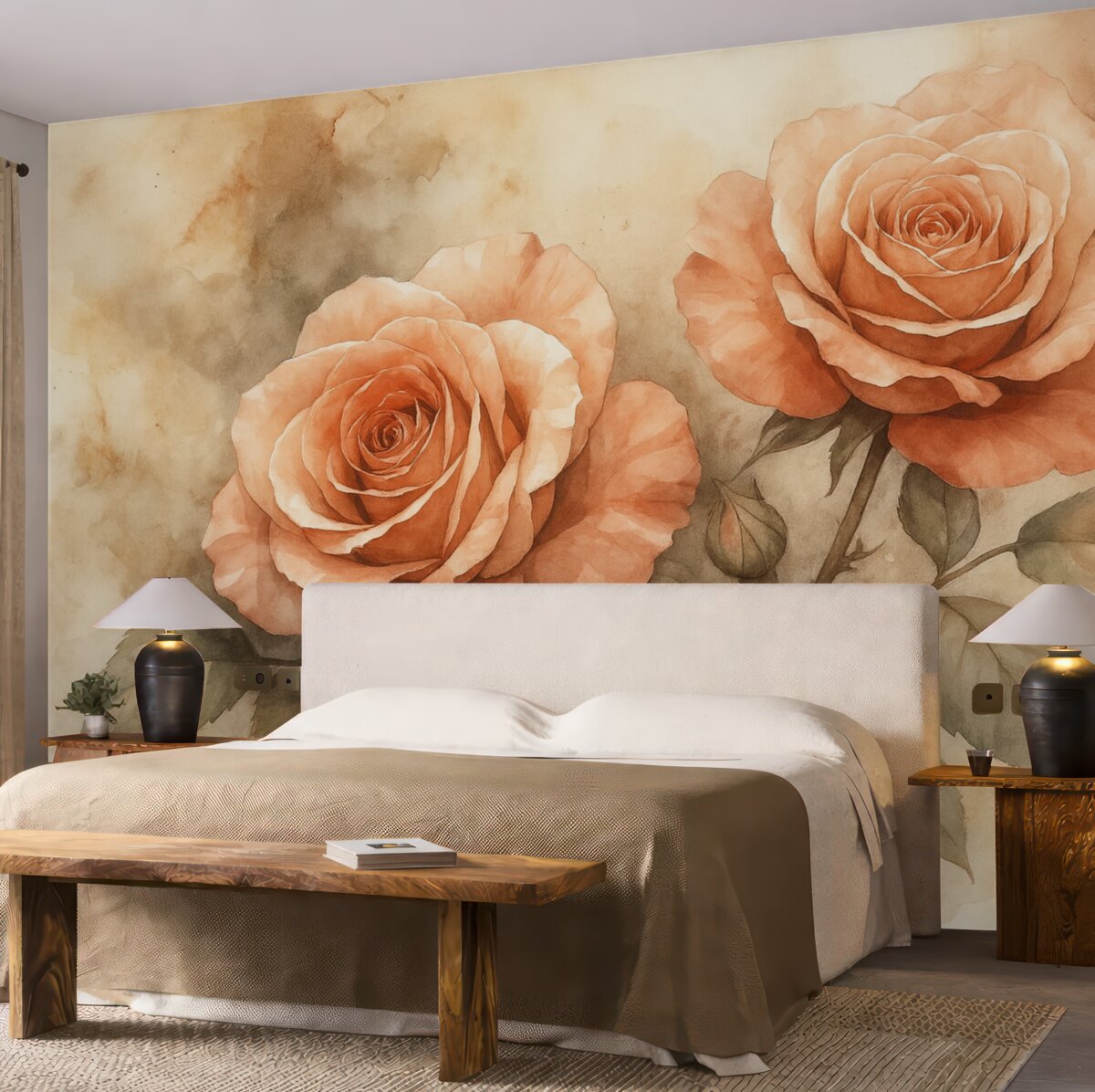 Fototapeta Cudowne czerwone róże w technice akwareli, florystyczne, jasne barwy.