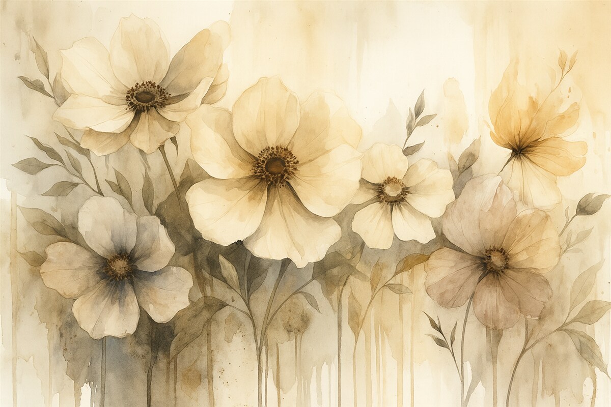 Fototapeta Kwiaty w rustykalnym stylu, grafika w technice akwareli, odcienie beżu.