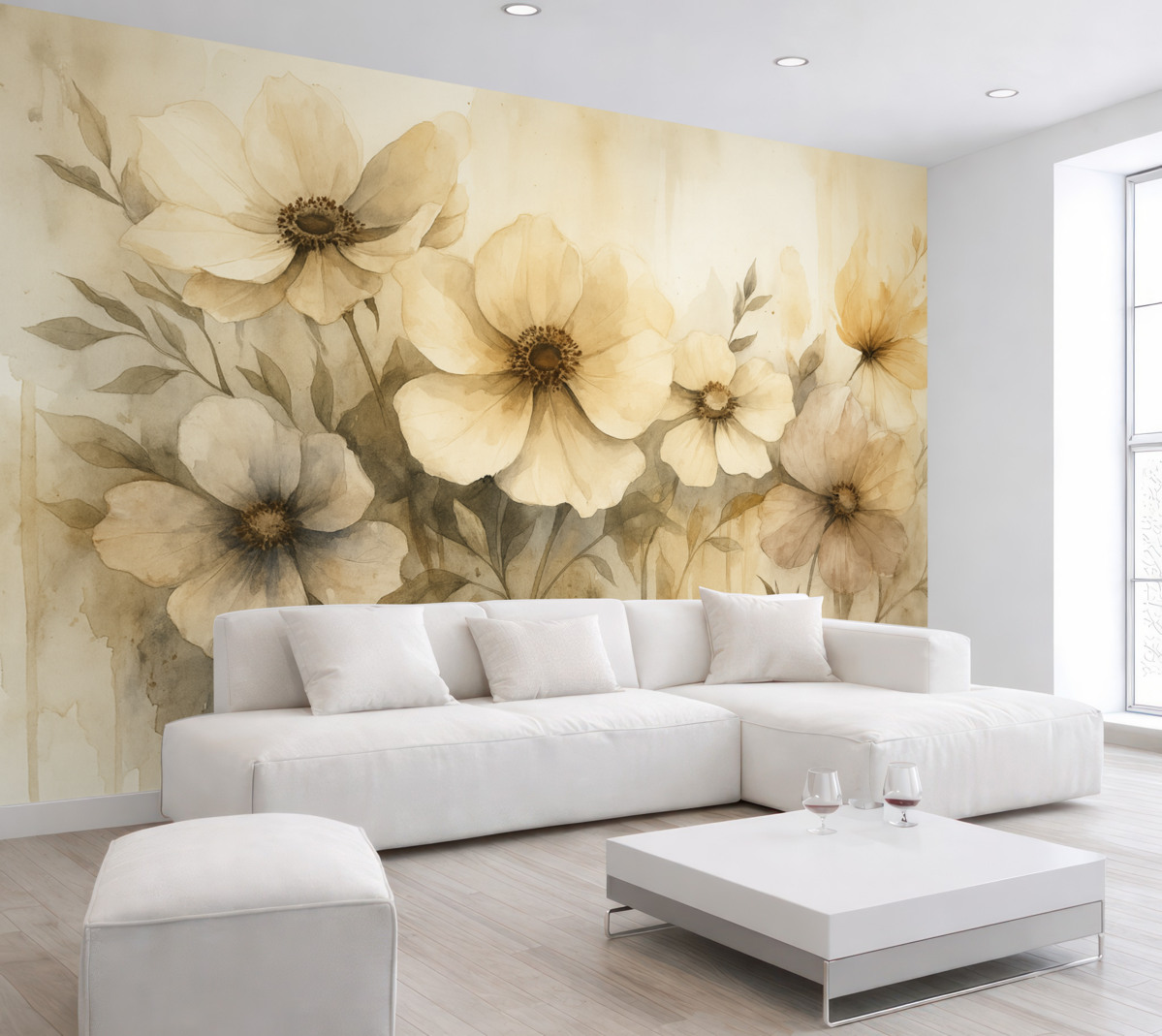 Fototapeta Kwiaty w rustykalnym stylu, grafika w technice akwareli, odcienie beżu.