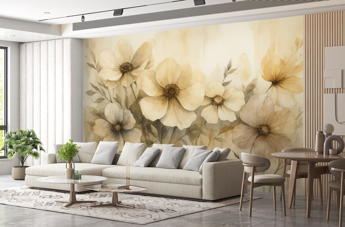 Fototapeta Kwiaty w rustykalnym stylu, grafika w technice akwareli, odcienie beżu.