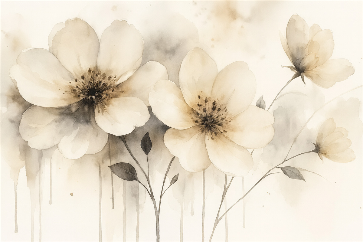 Fototapeta Kwiaty polne, obraz w stylu akwareli, beżowa gama kolorystyczna.