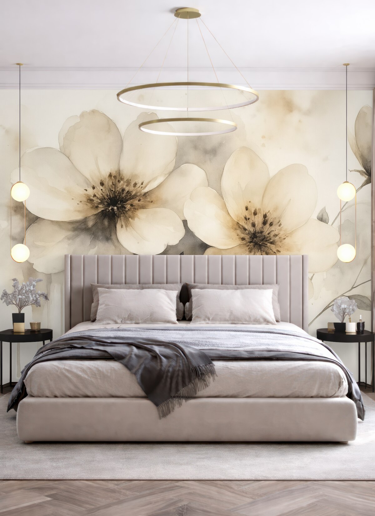 Fototapeta Kwiaty polne, obraz w stylu akwareli, beżowa gama kolorystyczna.