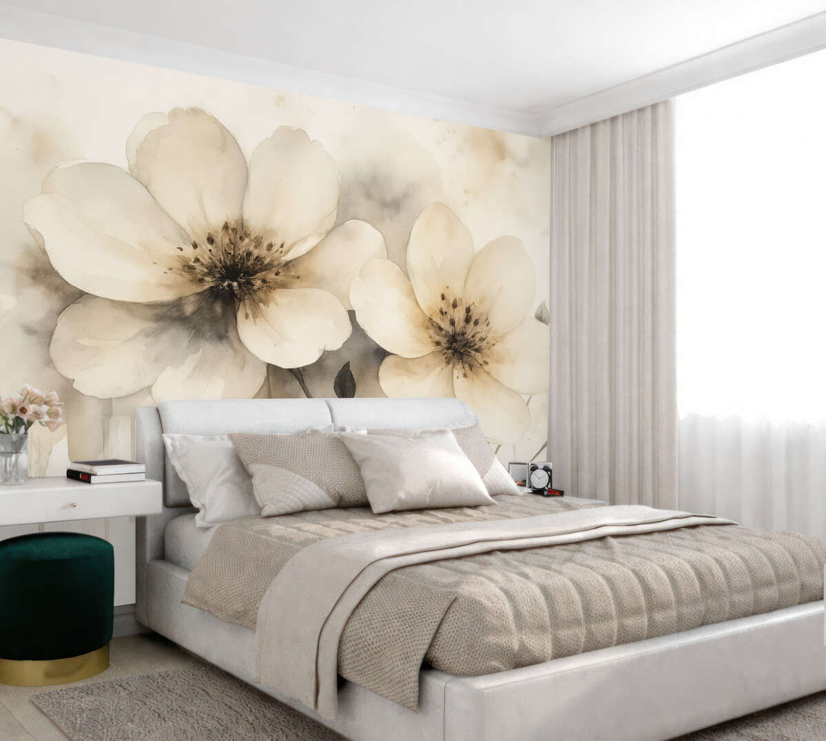 Fototapeta Kwiaty polne, obraz w stylu akwareli, beżowa gama kolorystyczna.