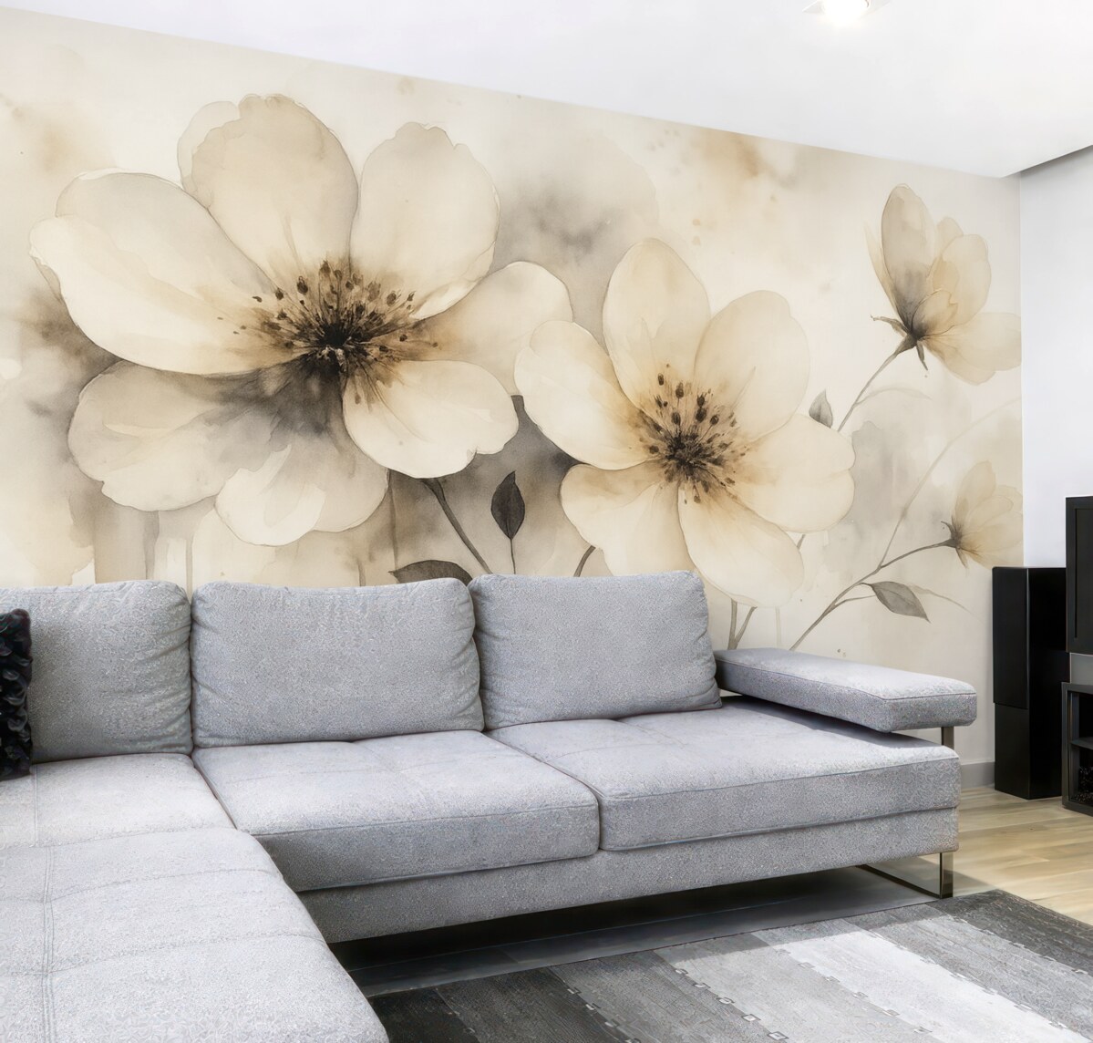 Fototapeta Kwiaty polne, obraz w stylu akwareli, beżowa gama kolorystyczna.