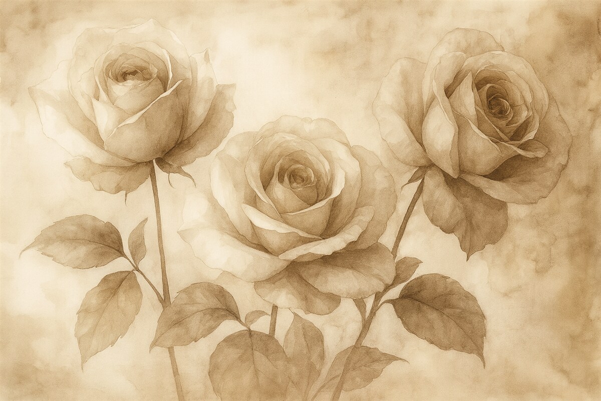 Fototapeta Beżowe róże, kwiaty, delikatny akwarelowy rysunek, rustykalny, boho.