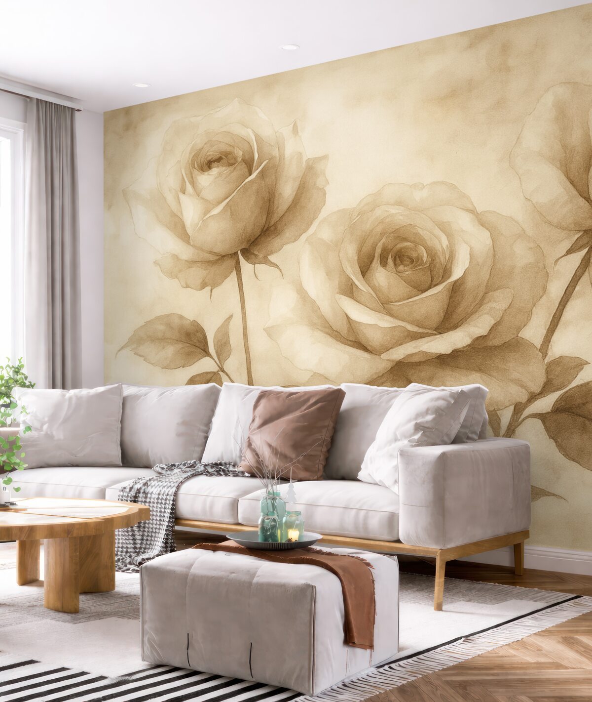 Fototapeta Beżowe róże, kwiaty, delikatny akwarelowy rysunek, rustykalny, boho.