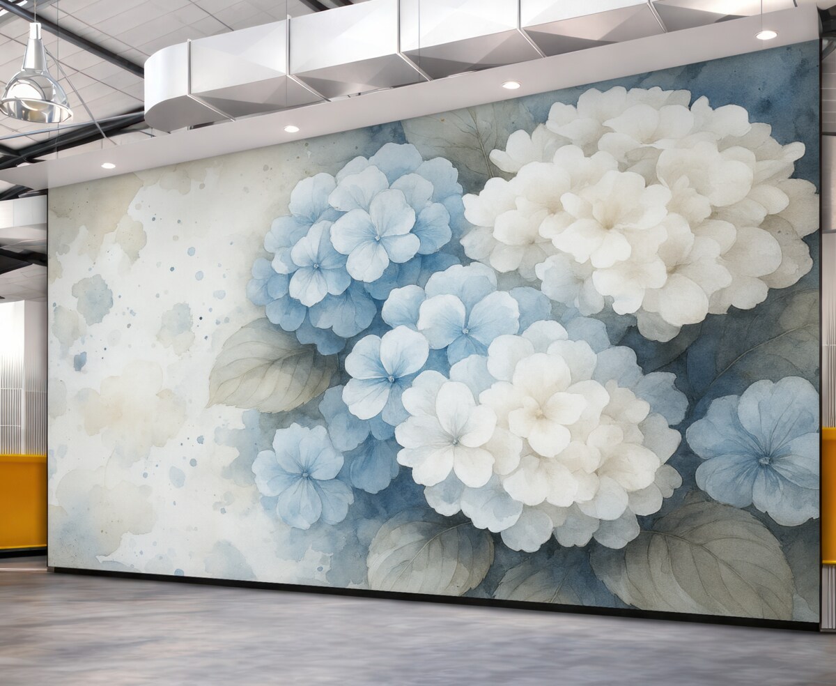 Fototapeta Rysunek akwarelowy kwiatów hortensji z liśćmi, subtelne naturalne odcienie.