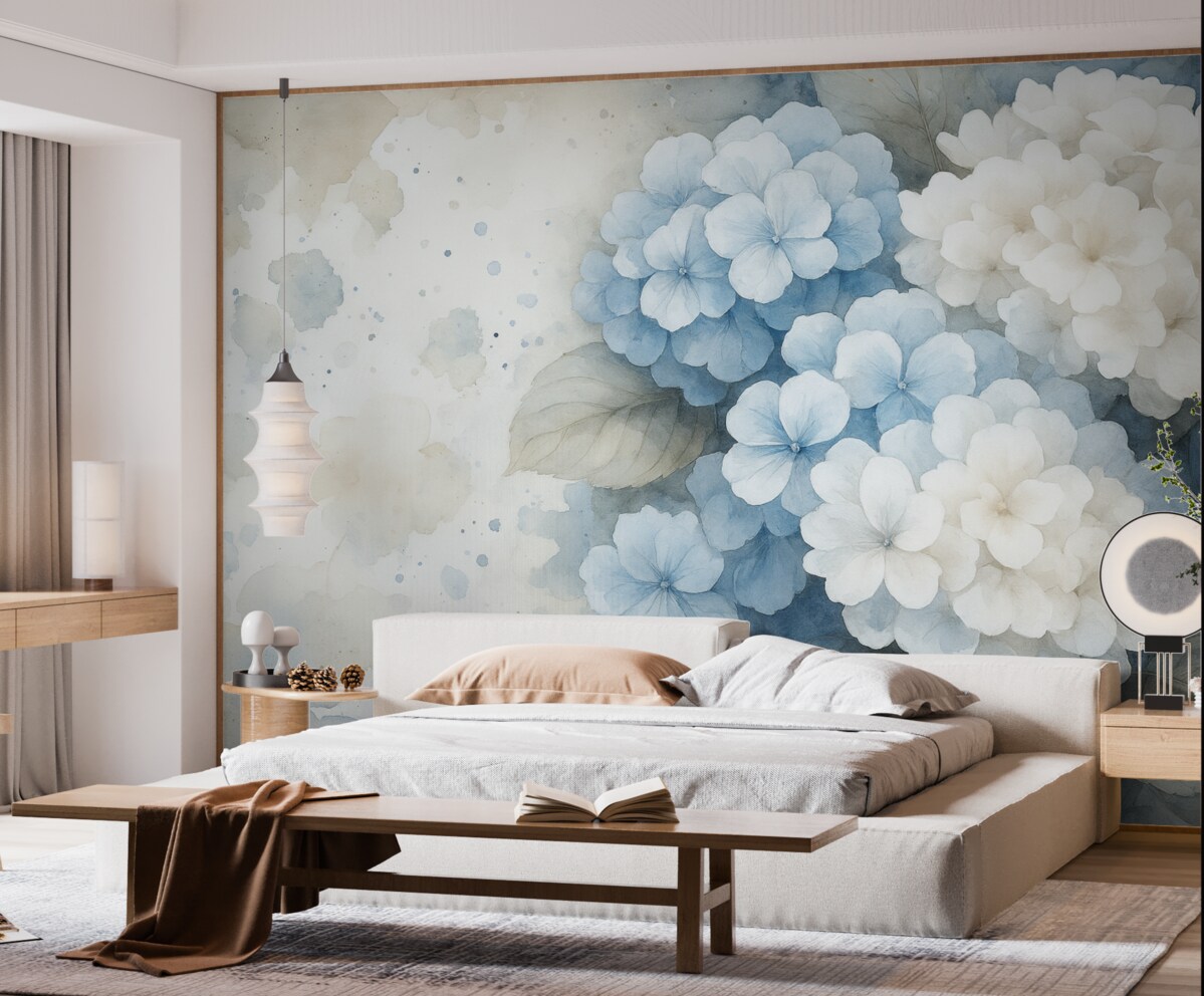 Fototapeta Rysunek akwarelowy kwiatów hortensji z liśćmi, subtelne naturalne odcienie.