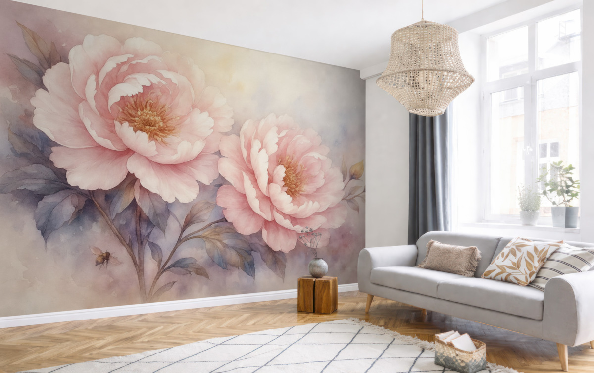 Fototapeta Piwonie w kolorze różowym w stylu akwarelowym.