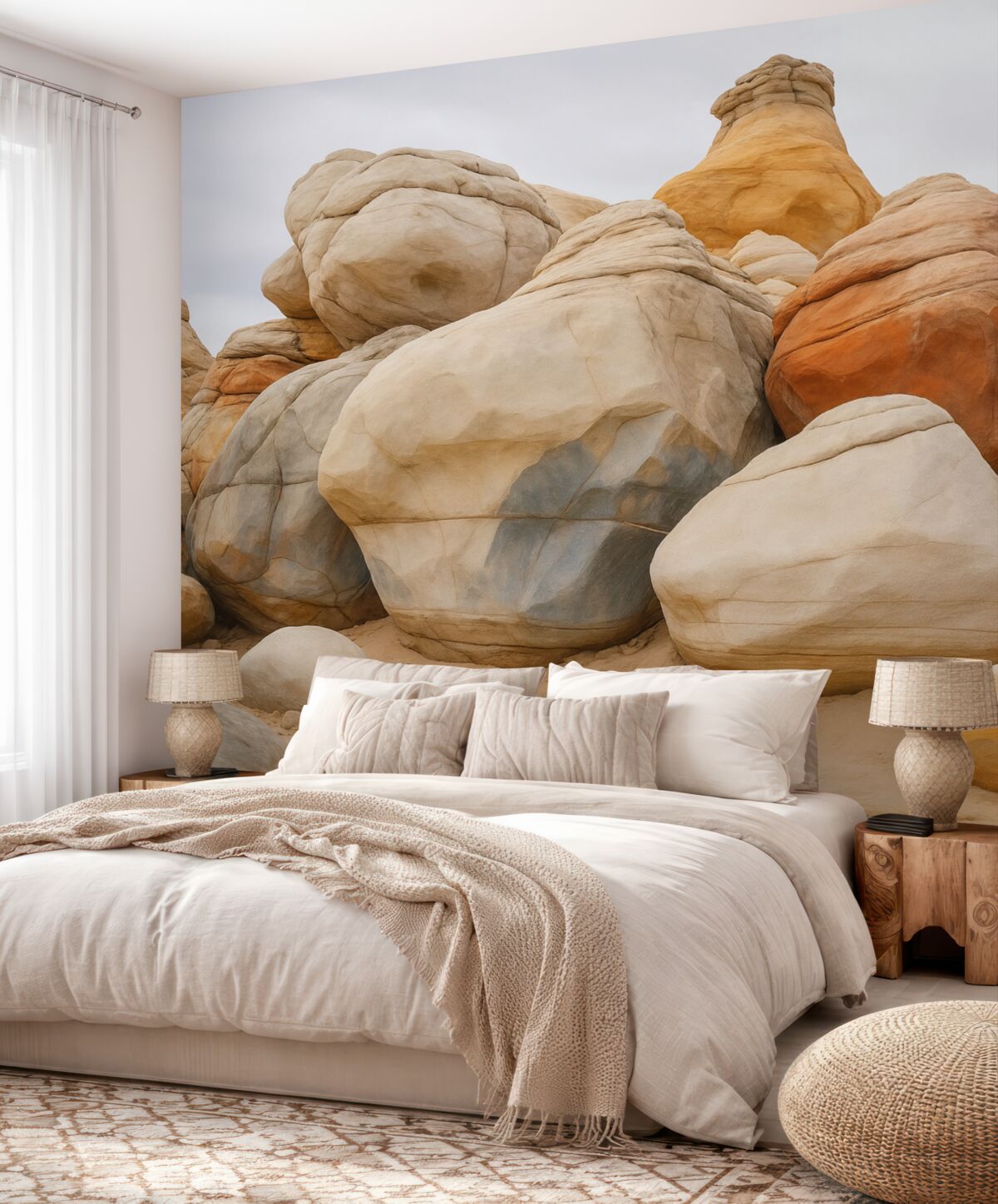 Fototapeta Wielkie kamienie na piasku przypominające akwarelę.