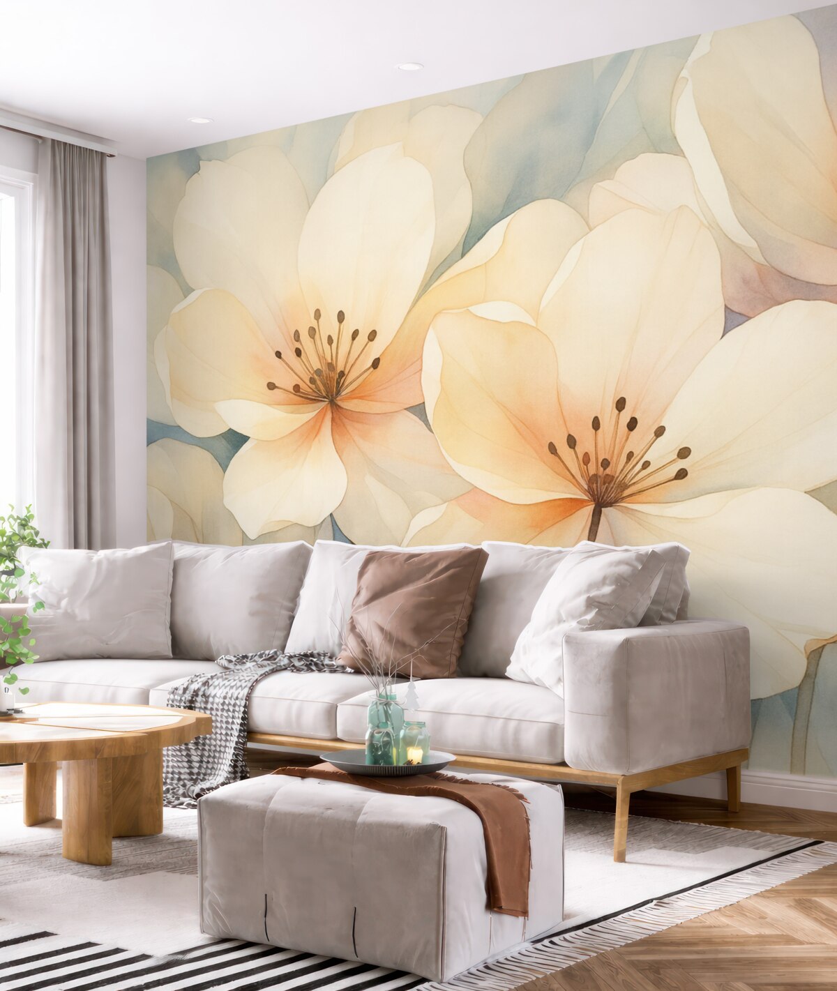 Fototapeta Kwiaty o dużych płatkach naśladujące akwarelę.