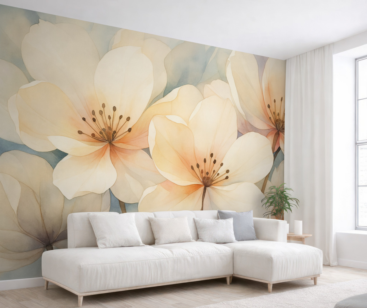 Fototapeta Kwiaty o dużych płatkach naśladujące akwarelę.