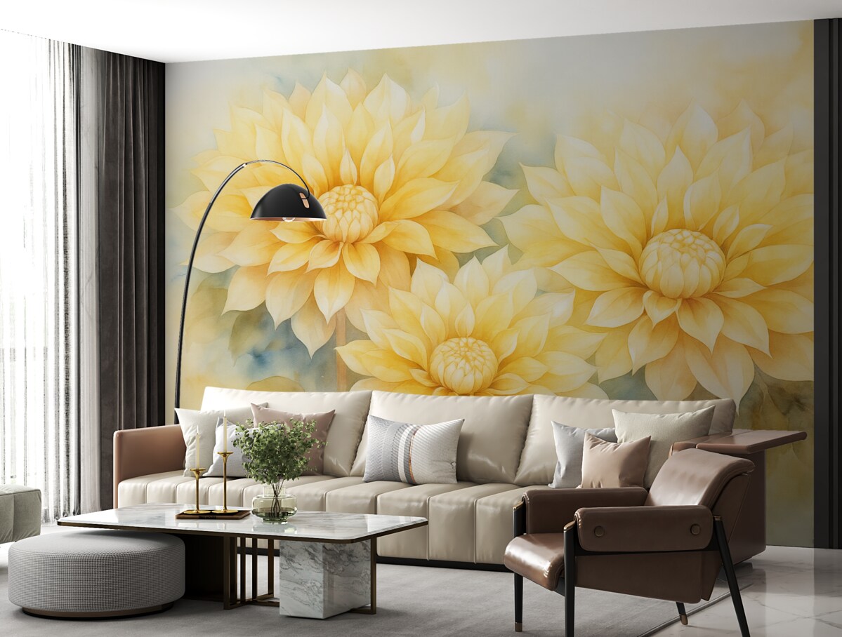 Fototapeta Żółte chryzantemy przypominające akwarelę.