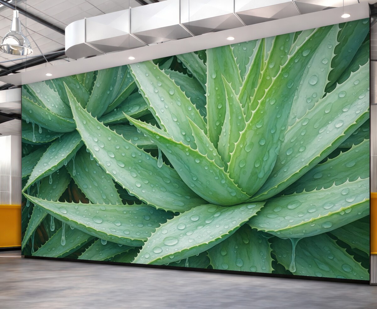 Fototapeta Krople rosy na akwareli naśladującej aloes.