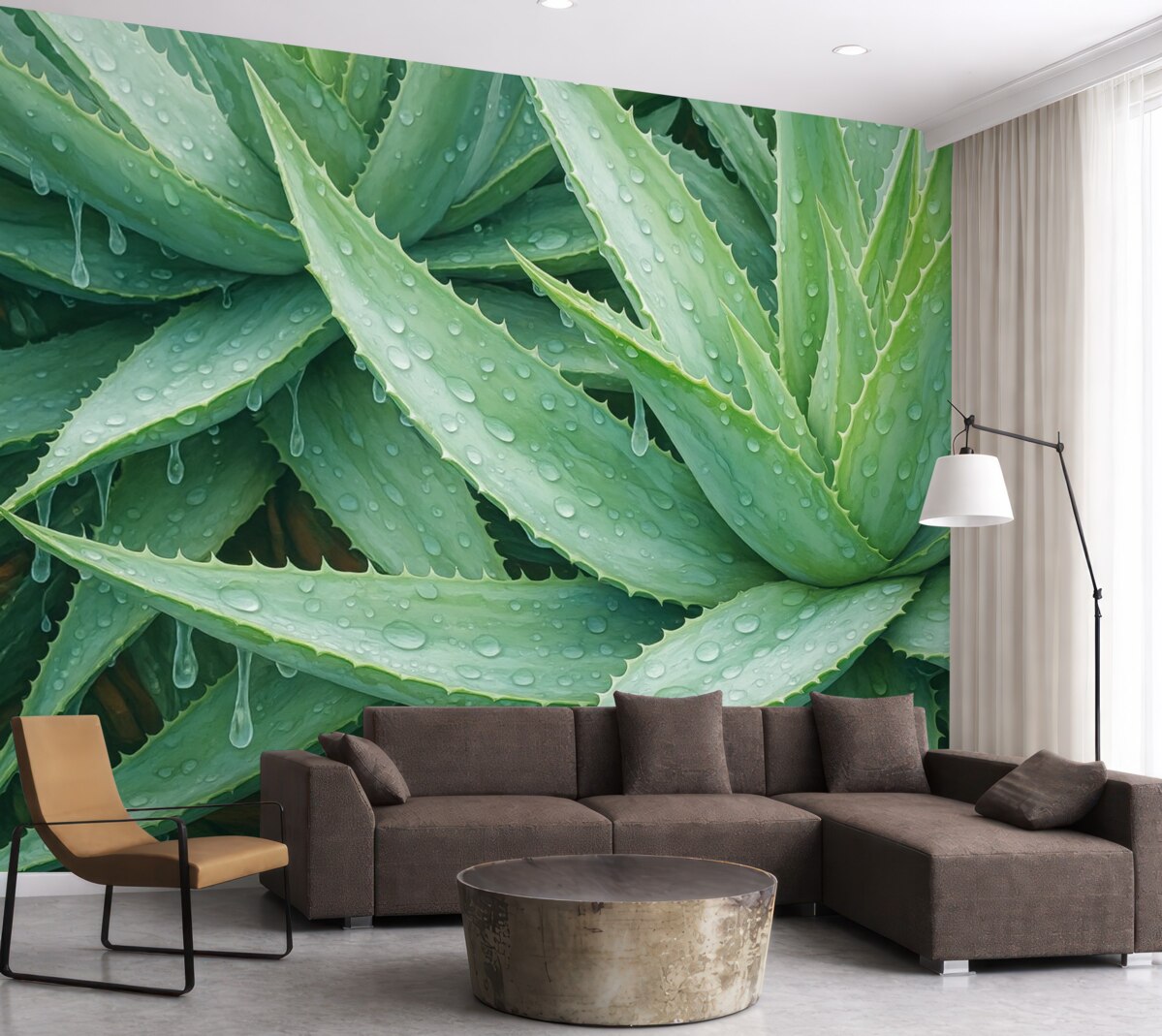 Fototapeta Krople rosy na akwareli naśladującej aloes.