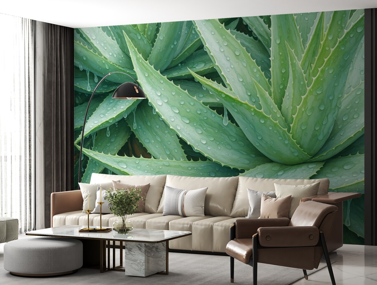 Fototapeta Krople rosy na akwareli naśladującej aloes.