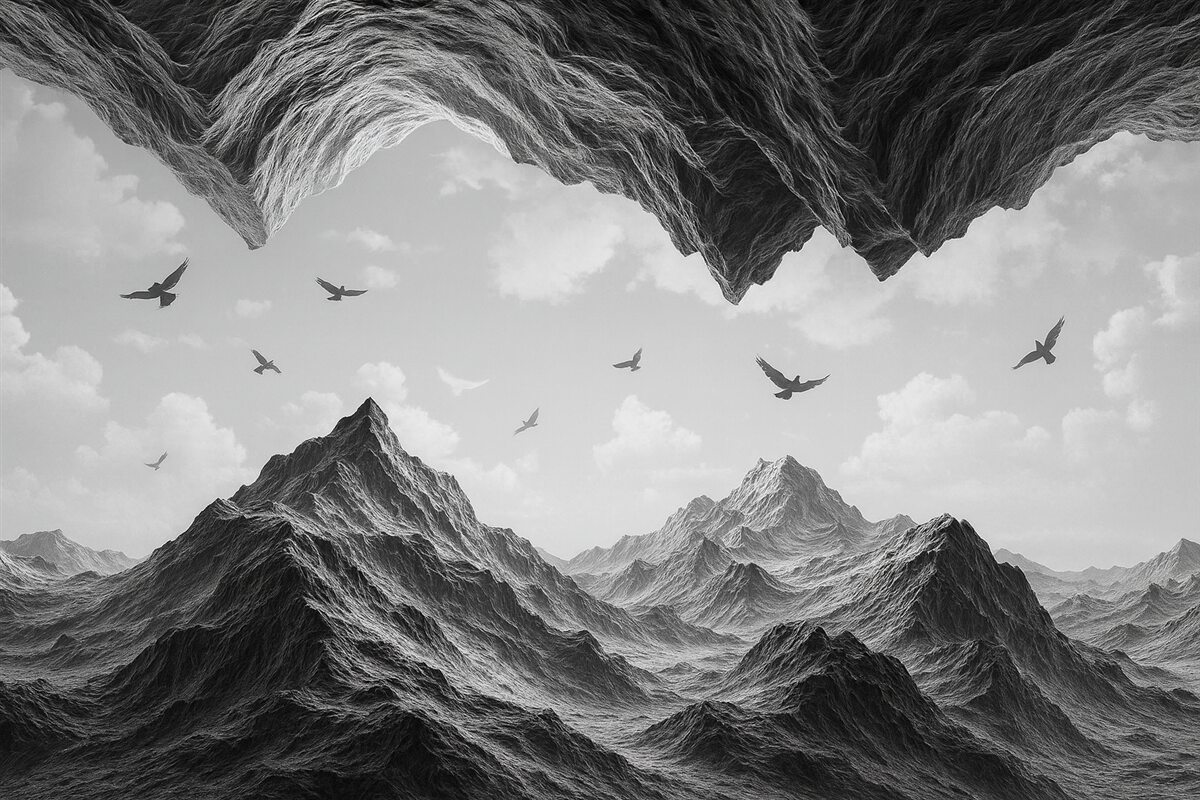 Fototapeta Krajobraz górski, realizm, ptaki w locie, przyroda, chmury, kolory czarno-białe.