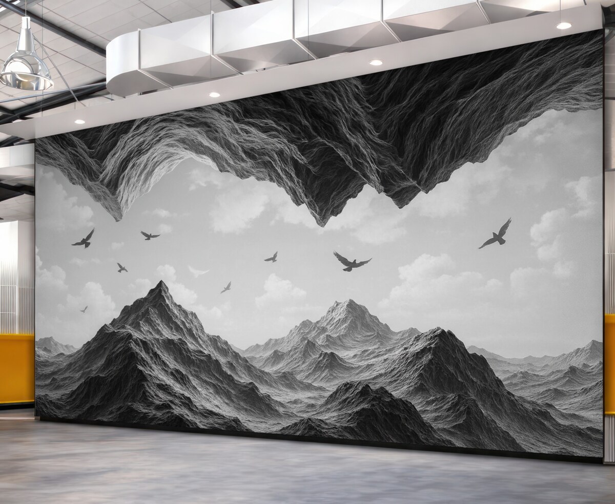 Fototapeta Krajobraz górski, realizm, ptaki w locie, przyroda, chmury, kolory czarno-białe.