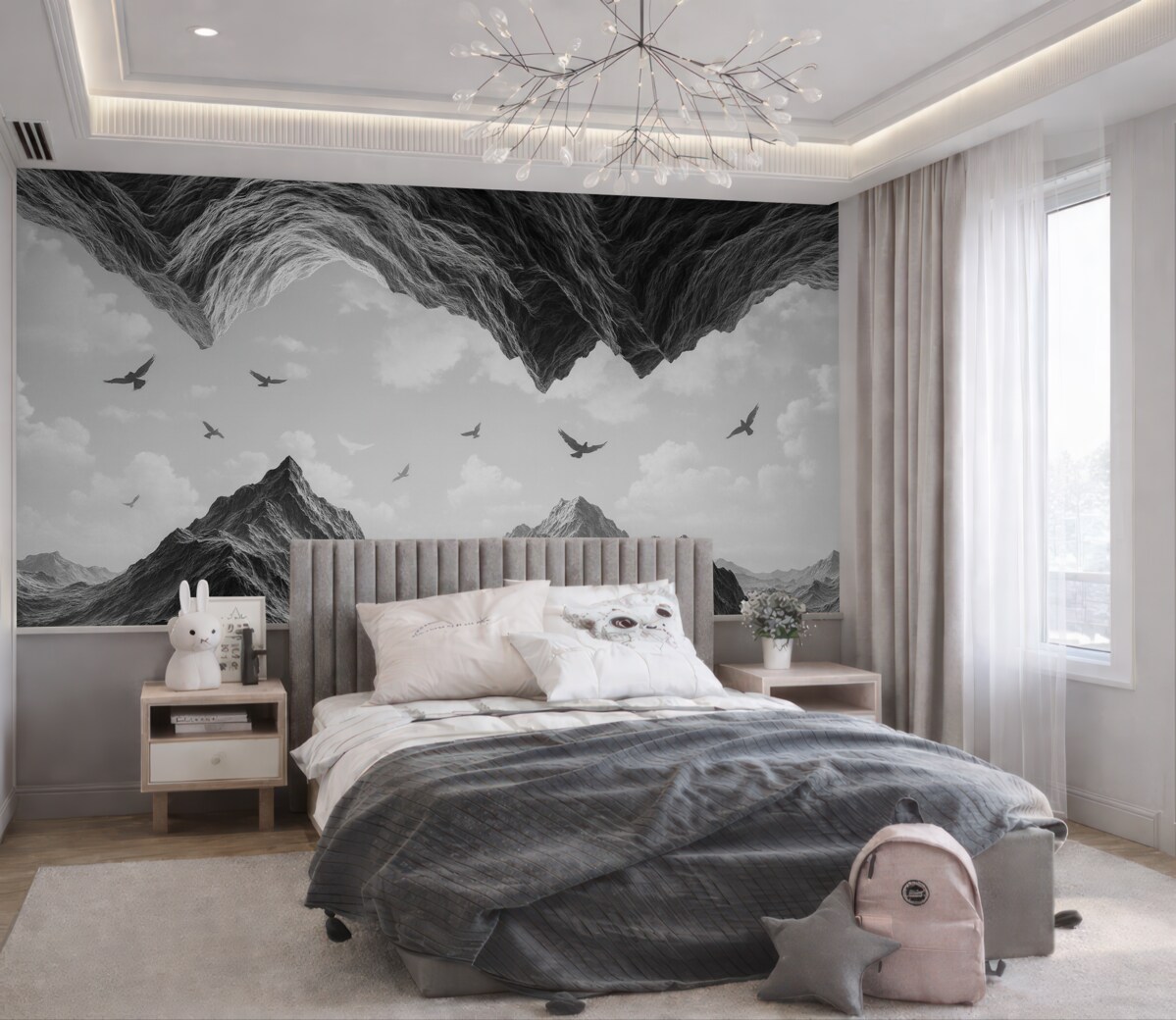 Fototapeta Krajobraz górski, realizm, ptaki w locie, przyroda, chmury, kolory czarno-białe.
