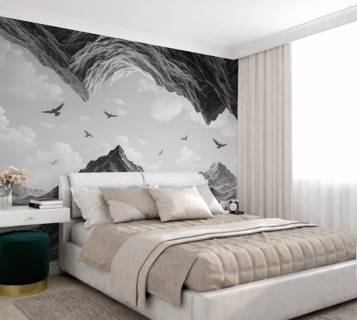 Fototapeta Krajobraz górski, realizm, ptaki w locie, przyroda, chmury, kolory czarno-białe.